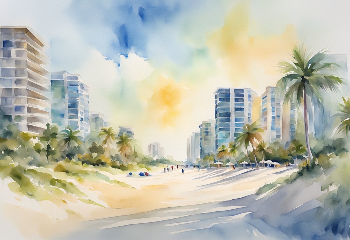 A sunny Florida beach with palm trees, high-rise condos, and a bustling real estate market