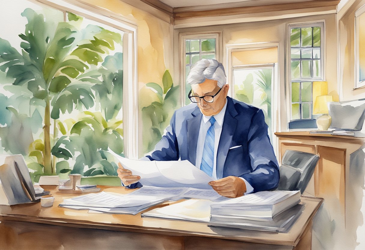 An investor reviews legal documents and surveys a property in Florida, weighing the risks and legal considerations of real estate investment