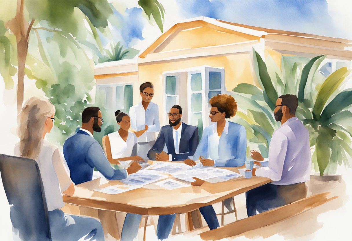 A diverse group of professionals gather around a table, discussing real estate investment strategies in a sunny Florida setting. Plans and documents are spread out as they collaborate and exchange ideas