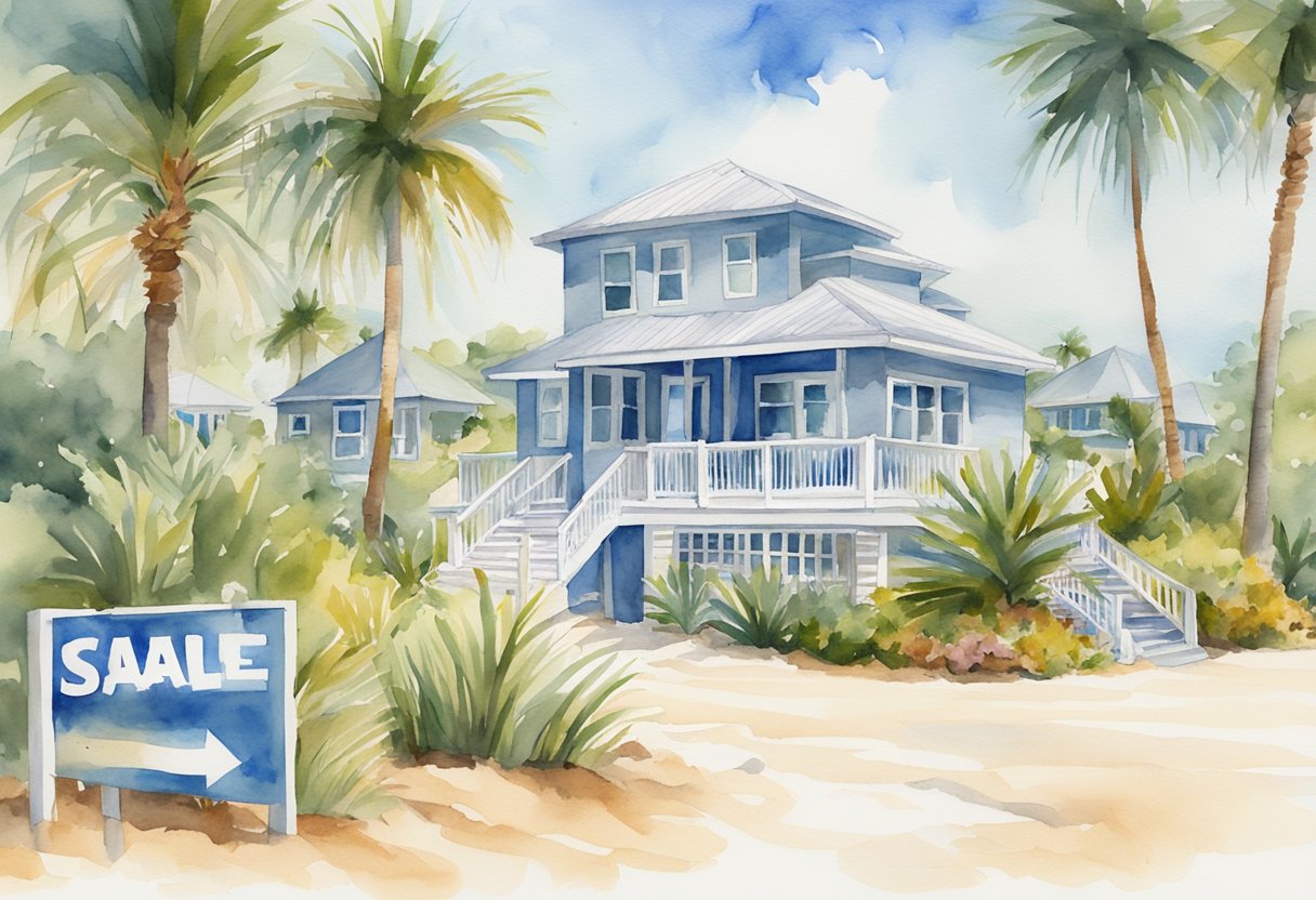 A sunny beachfront property in Florida with a "For Sale" sign, palm trees, and a clear blue sky, representing real estate investing opportunities