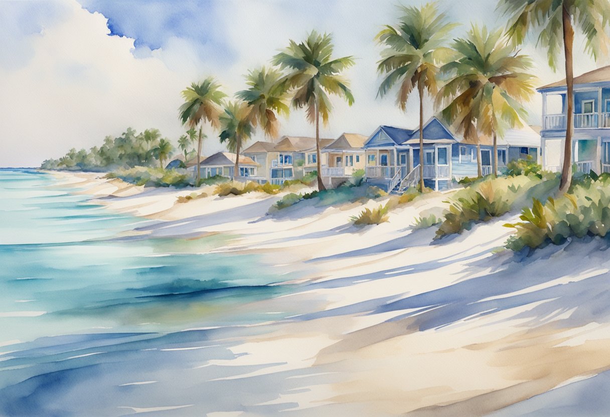 A sunny Florida beach with palm trees, clear blue water, and a row of beachfront properties. A "Frequently Asked Questions" sign is propped up in the sand