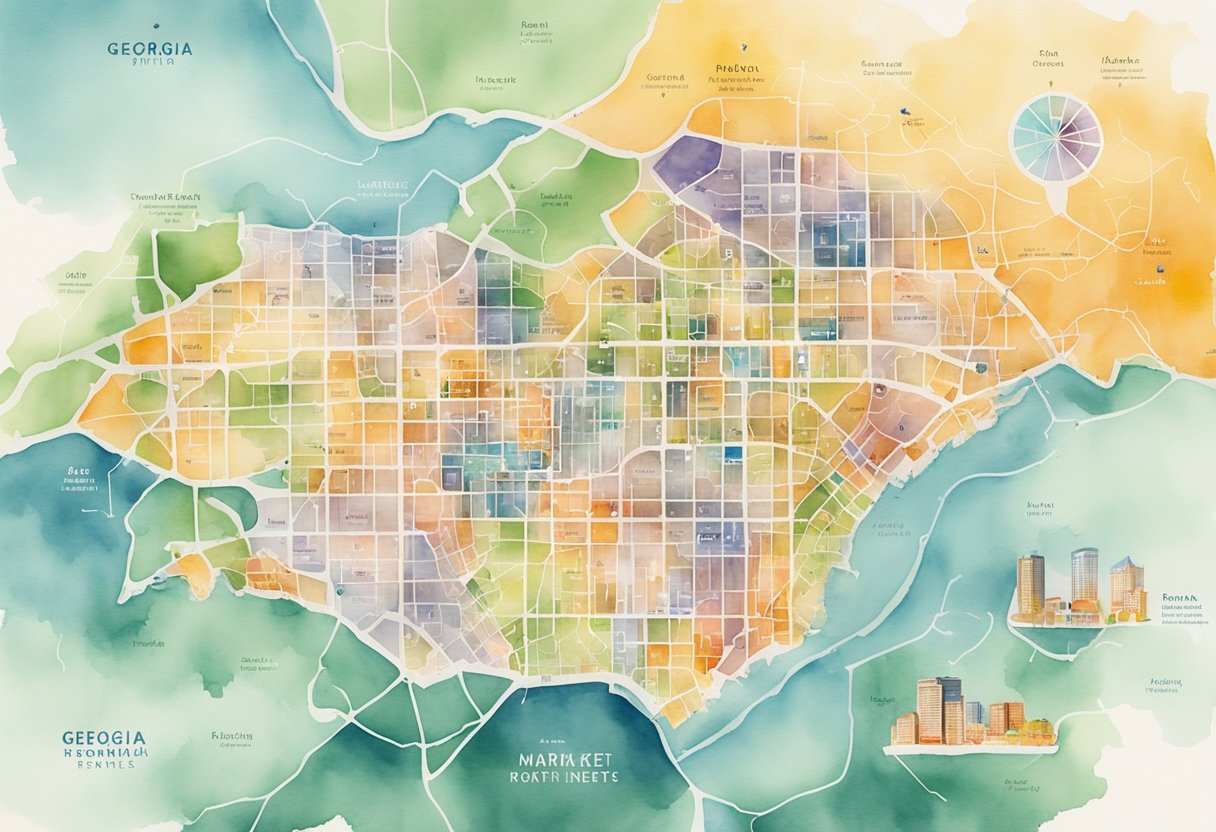 A map of Georgia with various rental properties marked and color-coded, surrounded by charts and graphs showing rental market trends
