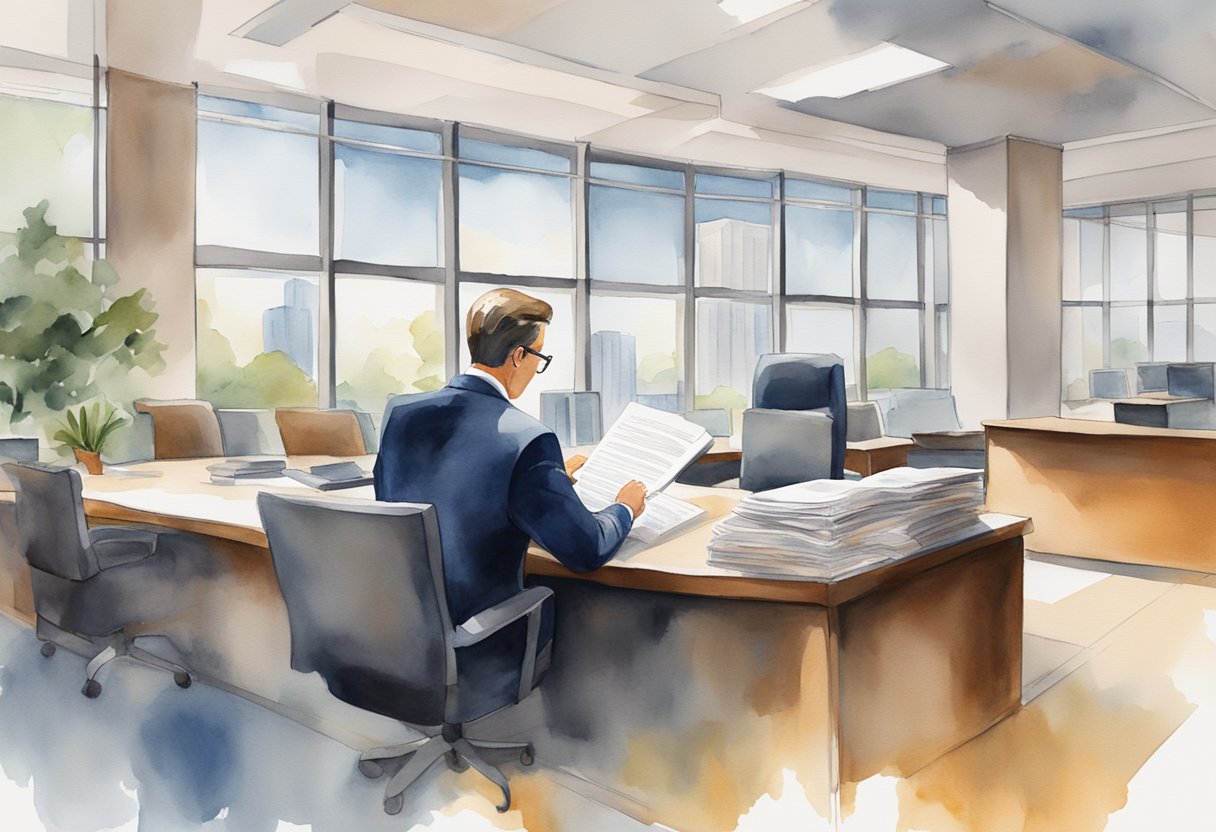 A lawyer reading through Georgia real estate laws and regulations in a modern office setting