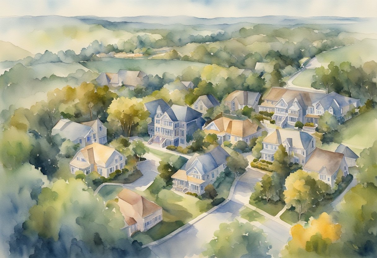 Aerial view of Georgia with various properties and landmarks, including residential and commercial real estate