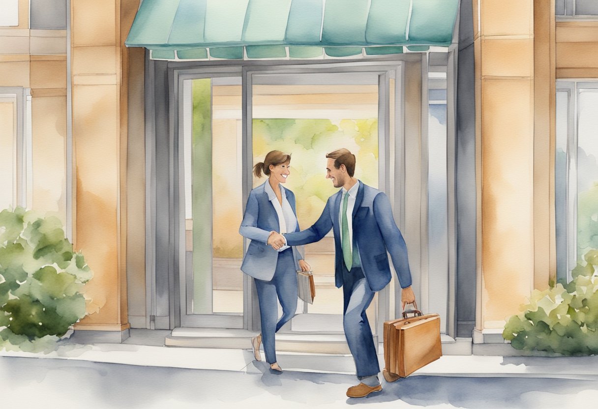 A person walks out of a real estate building with a briefcase, smiling. Another person hands them a check