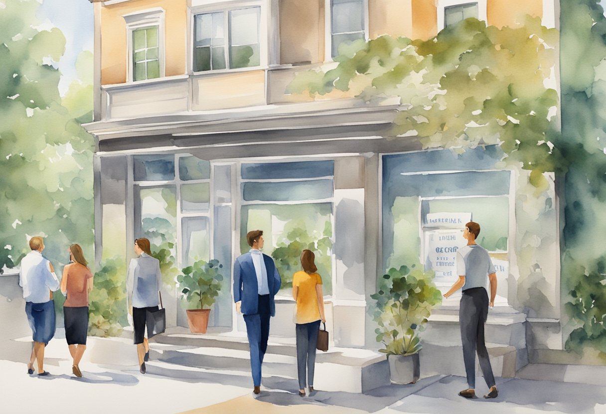 A bustling real estate office in Georgia, with people discussing investments and browsing through property listings. A sign reads "Frequently Asked Questions about real estate investing in Georgia"