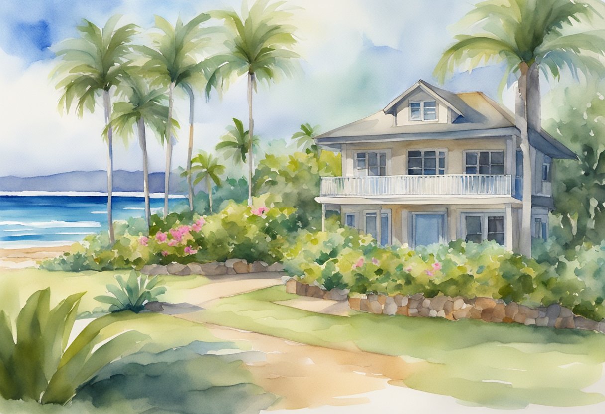 A beachfront property in Hawaii with a "For Sale" sign, surrounded by lush palm trees and a clear blue ocean in the background