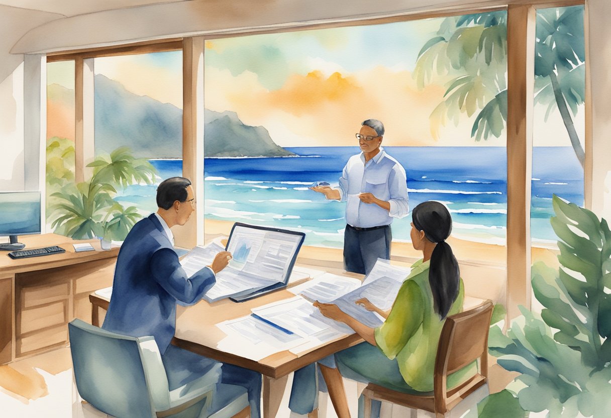 Professionals discuss real estate investment in Hawaii, reviewing property data and financial projections