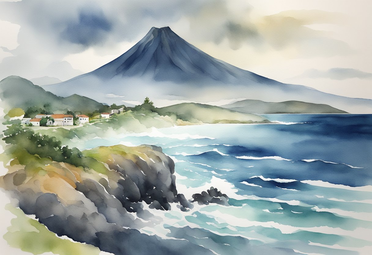 A stormy ocean backdrop with a looming volcano in the distance. A real estate investor studies a map, surrounded by local experts and advisors