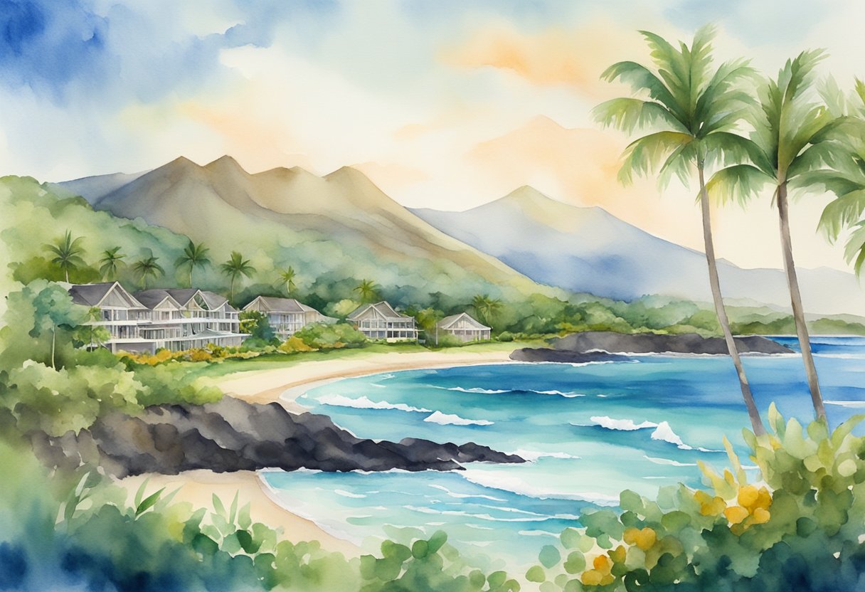A lush Hawaiian landscape with luxury beachfront properties and a backdrop of volcanic mountains, representing the concept of "Maximizing Returns real estate investing in Hawaii."