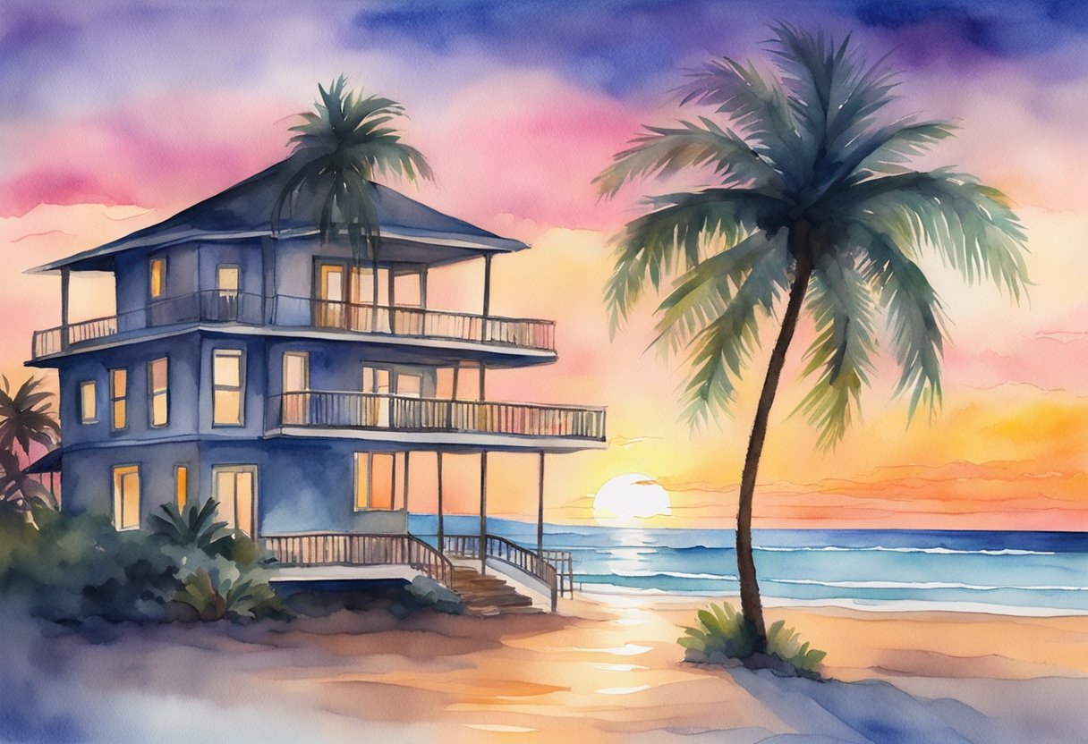 A tropical beach with a vibrant sunset, a silhouette of a palm tree, and a luxurious beachfront property in the background