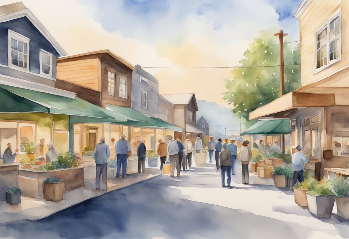 A bustling real estate market in Idaho, with investors analyzing property valuations and discussing potential investments