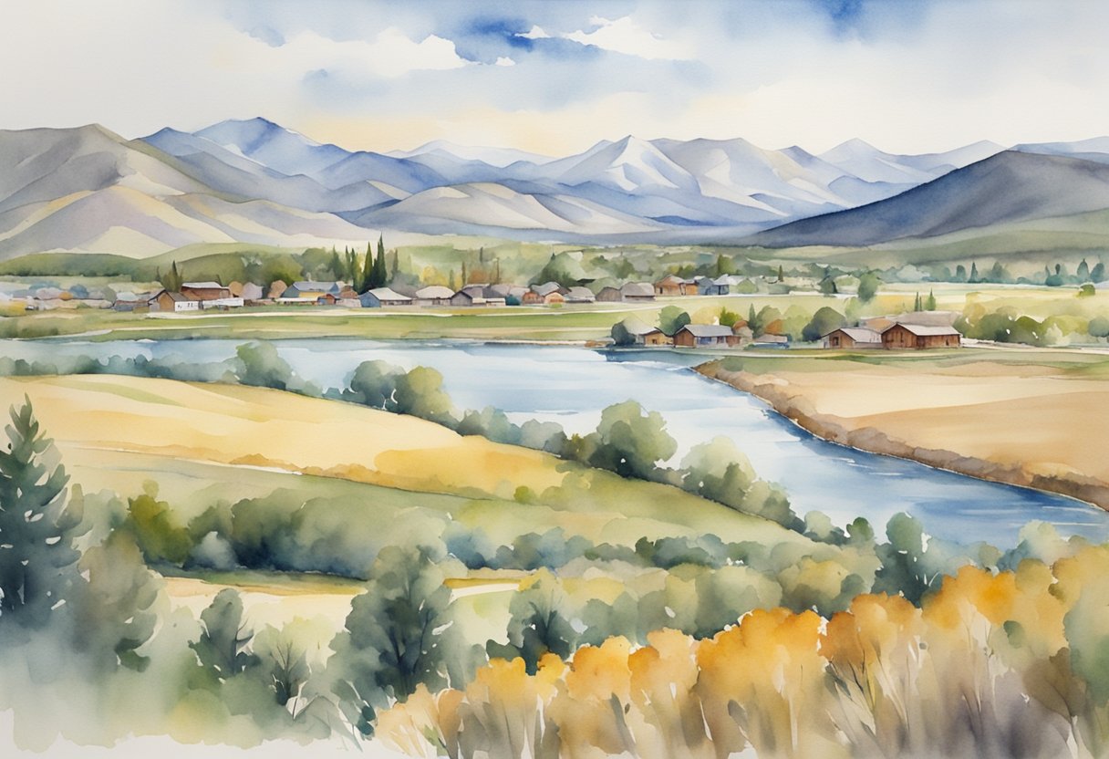 A scenic view of Idaho's diverse real estate landscape, showcasing properties ranging from rural farmland to urban developments, with mountains and rivers in the backdrop