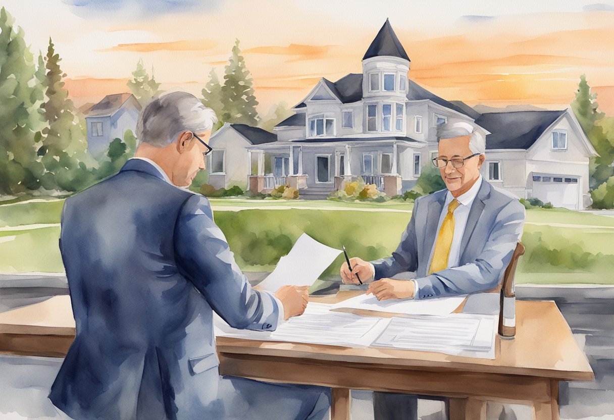 A person signing a legal document in front of a tax advisor, with real estate properties in Idaho in the background