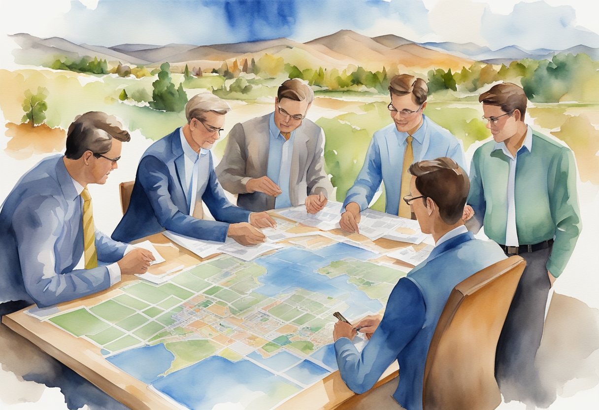 A group of real estate professionals discussing investment opportunities in Idaho, surrounded by maps, property listings, and financial documents
