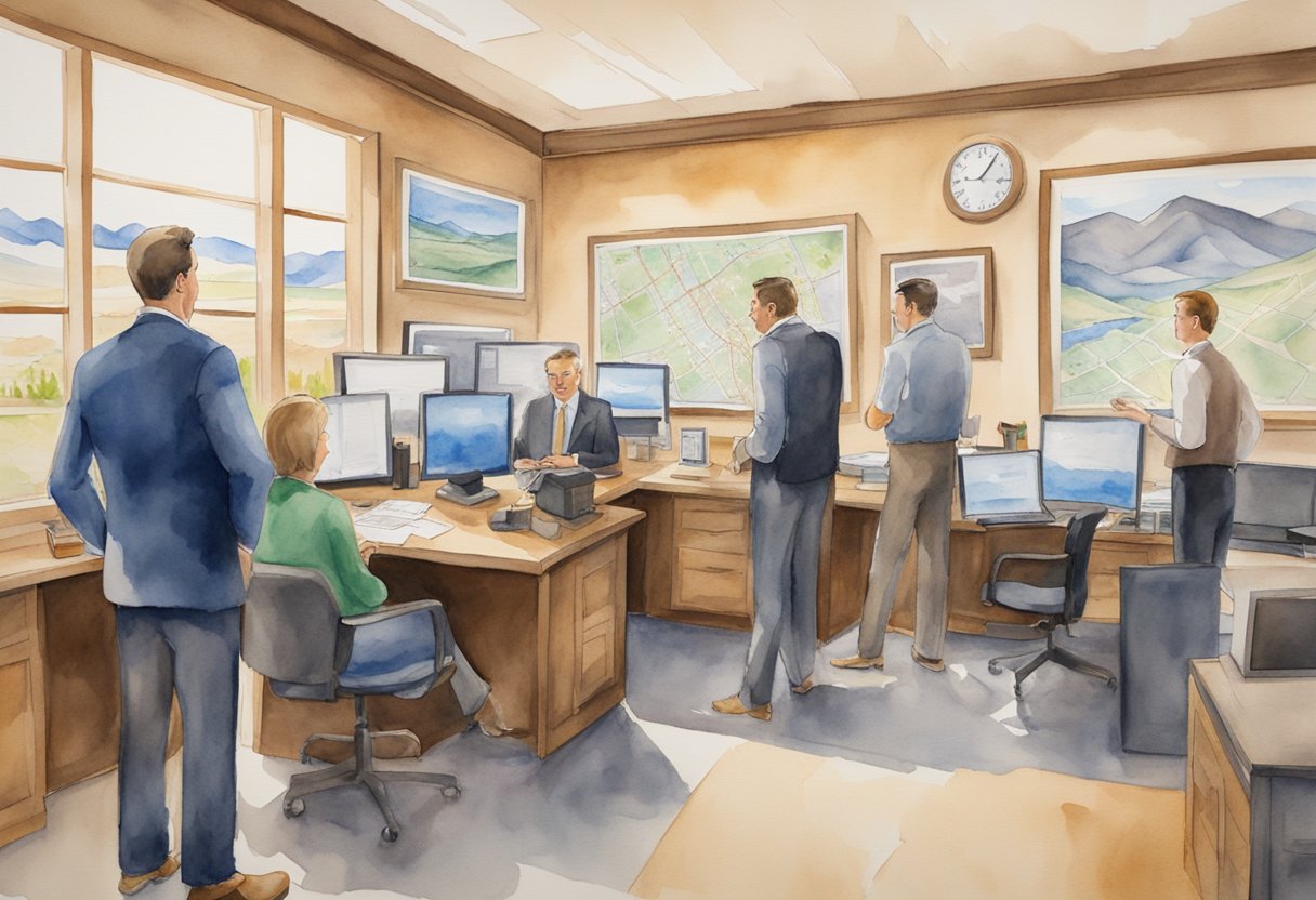 A bustling real estate office in Idaho, with agents and clients discussing investment opportunities. A map of the state hangs on the wall, showcasing various properties
