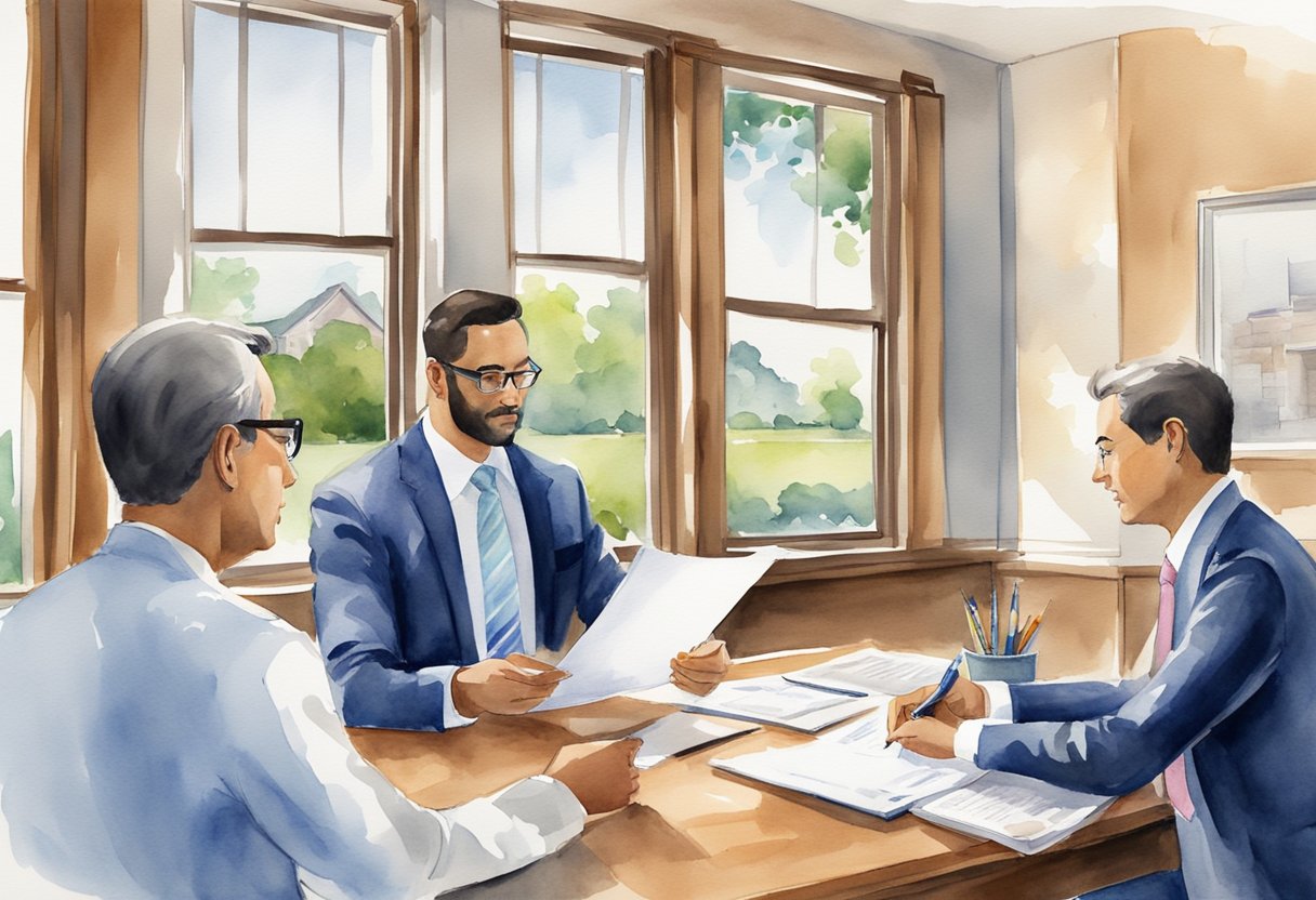 A real estate investor signing a contract for a property purchase in Illinois. The investor is exchanging money with the seller, and a real estate agent is present to facilitate the transaction