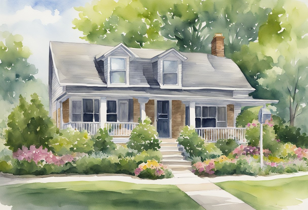 A well-maintained rental property in Illinois with a "For Rent" sign, surrounded by lush landscaping and a busy but well-kept neighborhood