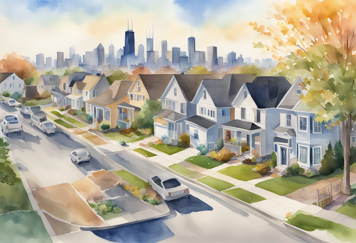A suburban neighborhood with "For Sale" signs, a bustling city skyline, and a diverse group of potential buyers discussing real estate options in Illinois