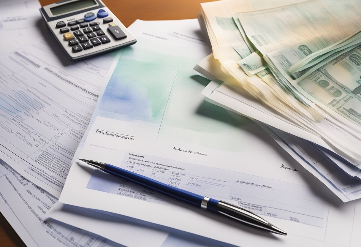 A stack of legal documents and a copy of the Illinois real estate regulations on a desk, with a pen and a calculator nearby
