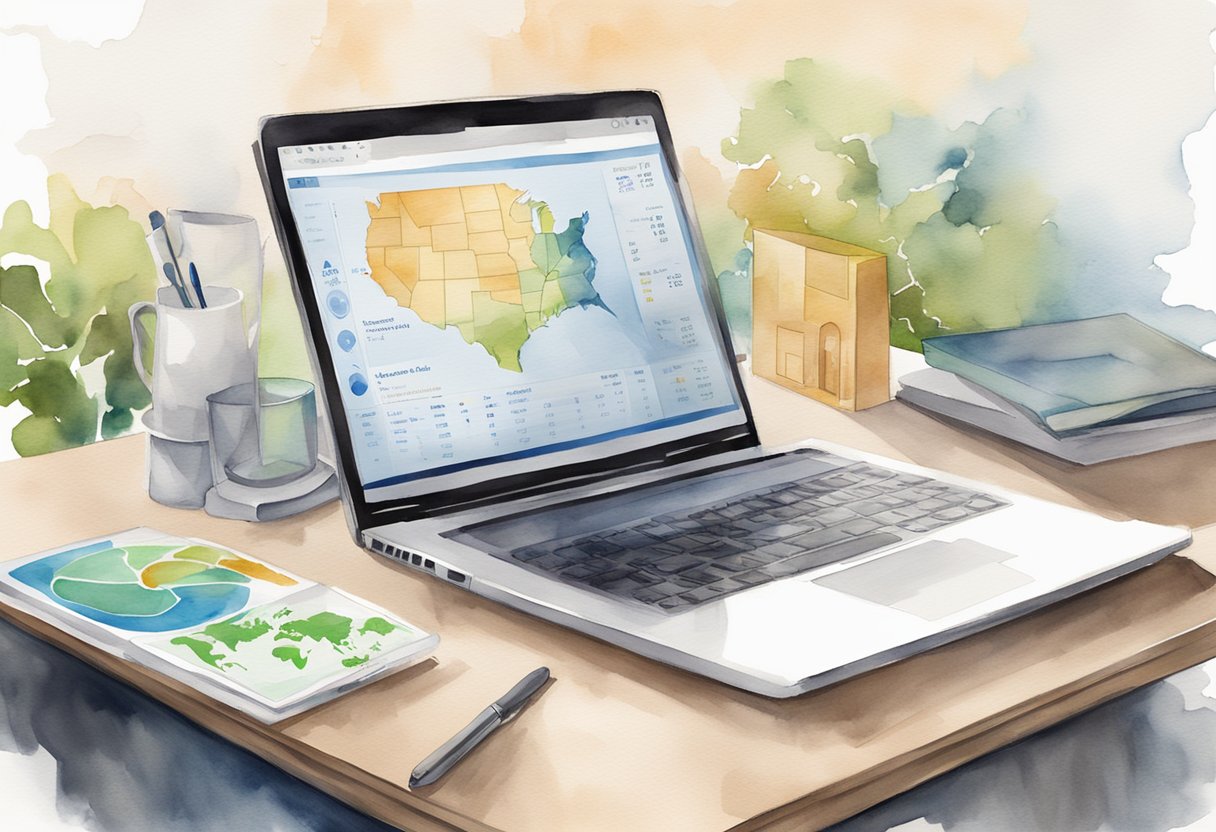 An open laptop displays economic indicators for Illinois real estate investment. A graph shows trends, while a map highlights key locations
