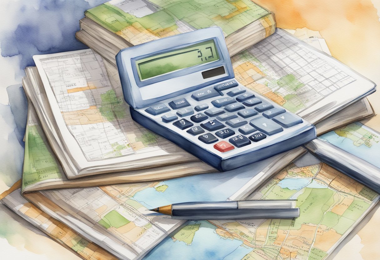 A stack of real estate investment books surrounded by a map of Illinois, a calculator, and a laptop with the "Frequently Asked Questions" webpage open