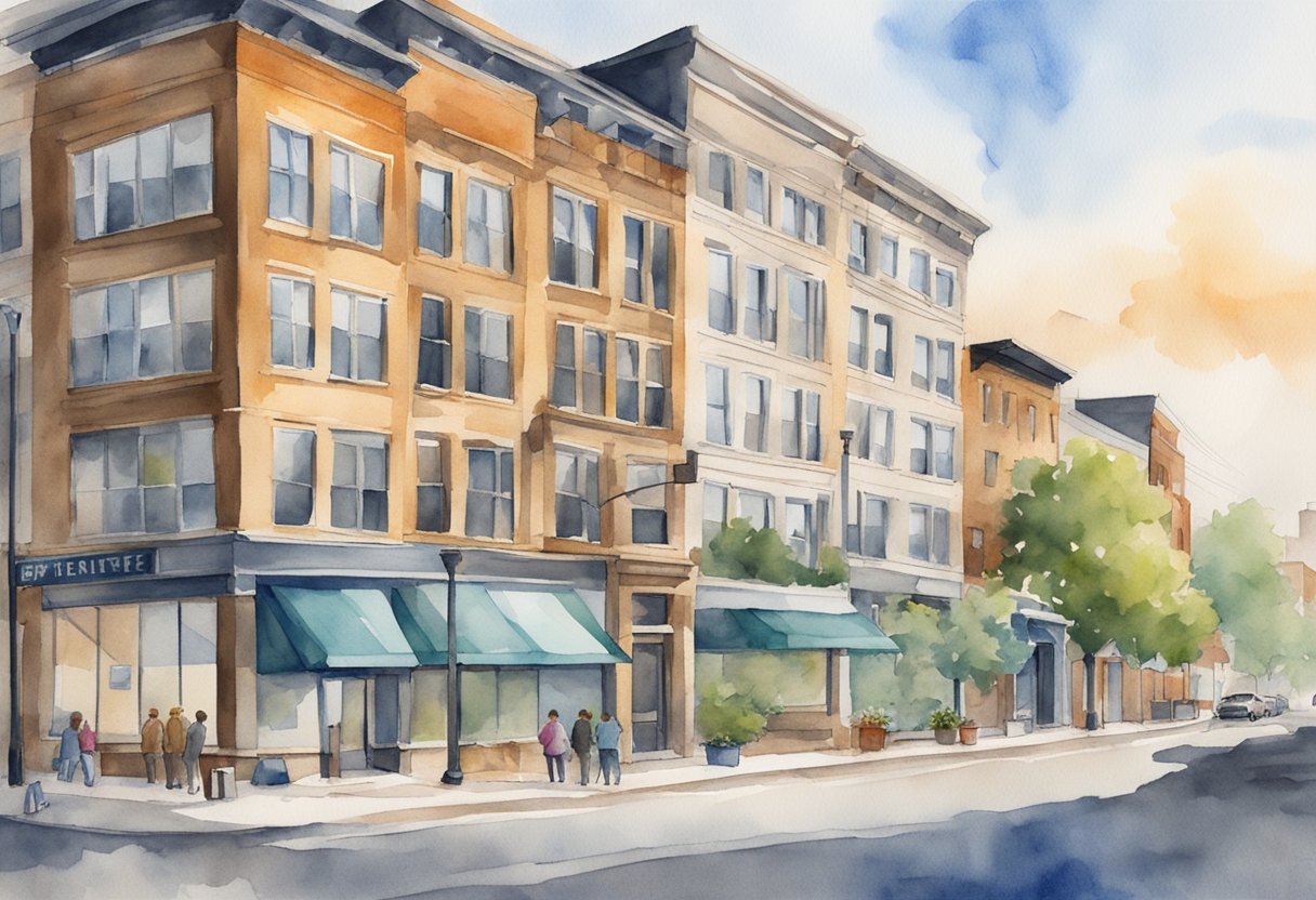 A bustling cityscape in Indiana with various real estate properties, including apartment buildings, houses, and commercial spaces. A property management office stands prominently in the center, symbolizing the essential role of real estate investing in the state