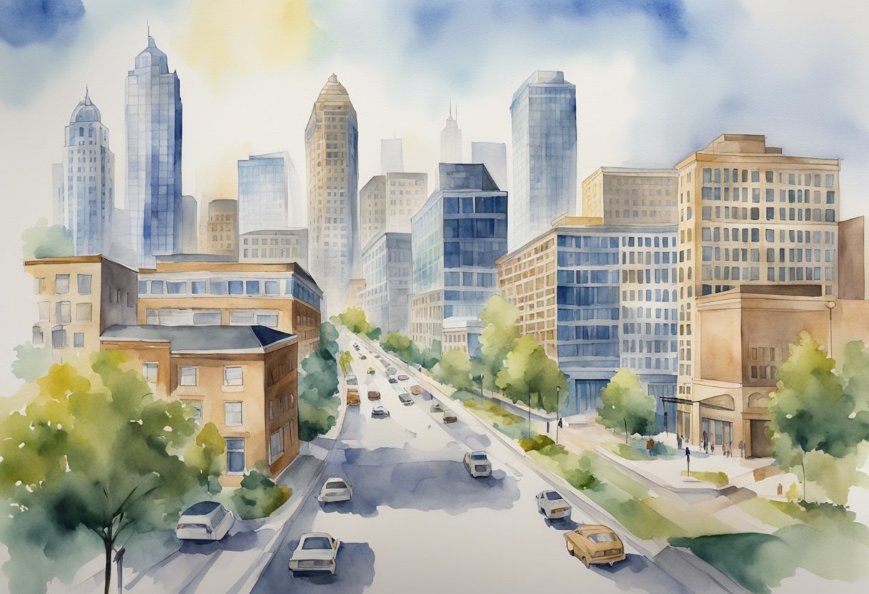 A bustling city skyline in Indiana with various real estate properties, including office buildings, residential complexes, and retail spaces. The scene should convey diversity in investment opportunities and the potential for growth in the real estate market