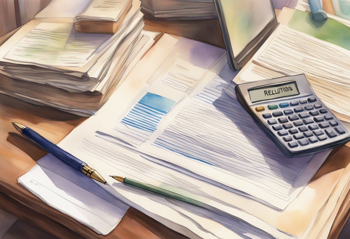 A stack of legal documents and a copy of Indiana's real estate regulations sit on a desk, alongside a laptop and a pen