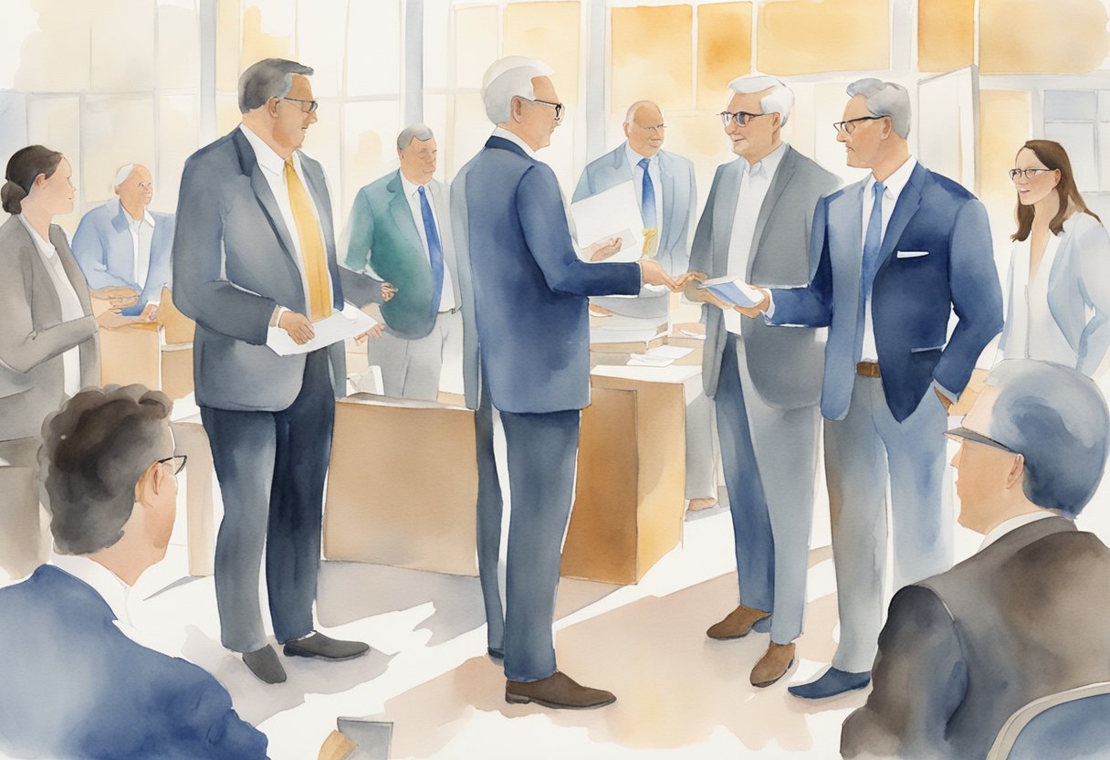 A group of investors gather in Indiana, discussing real estate opportunities, exchanging business cards, and networking