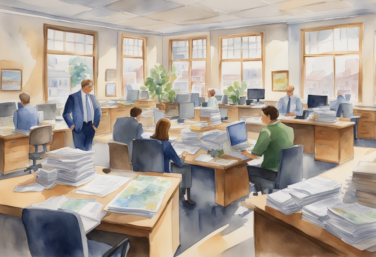 A bustling real estate office in Indiana with people discussing investments, maps, and documents scattered on desks