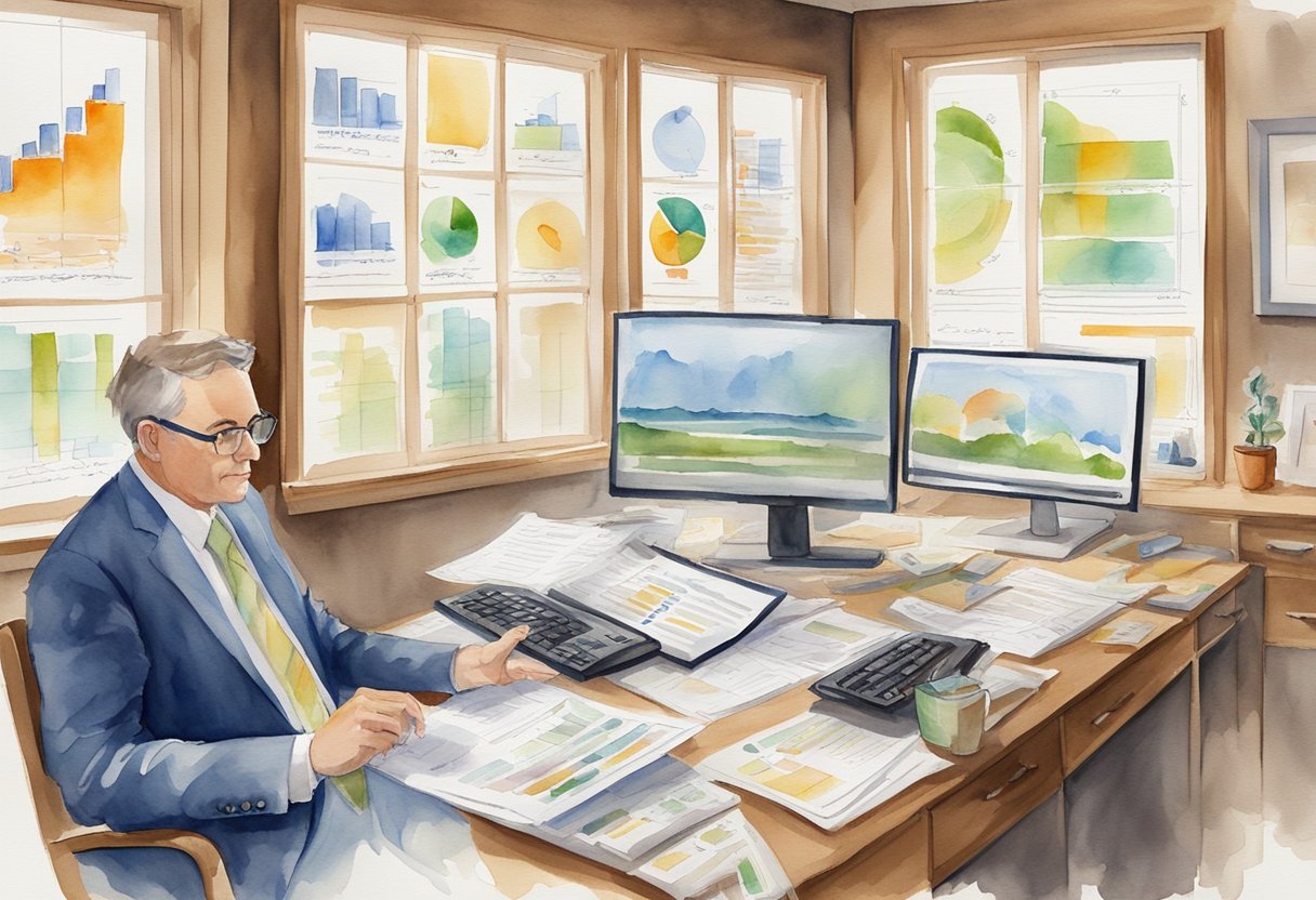 A real estate investor in Iowa reviews financing and purchasing options, surrounded by charts, graphs, and property listings