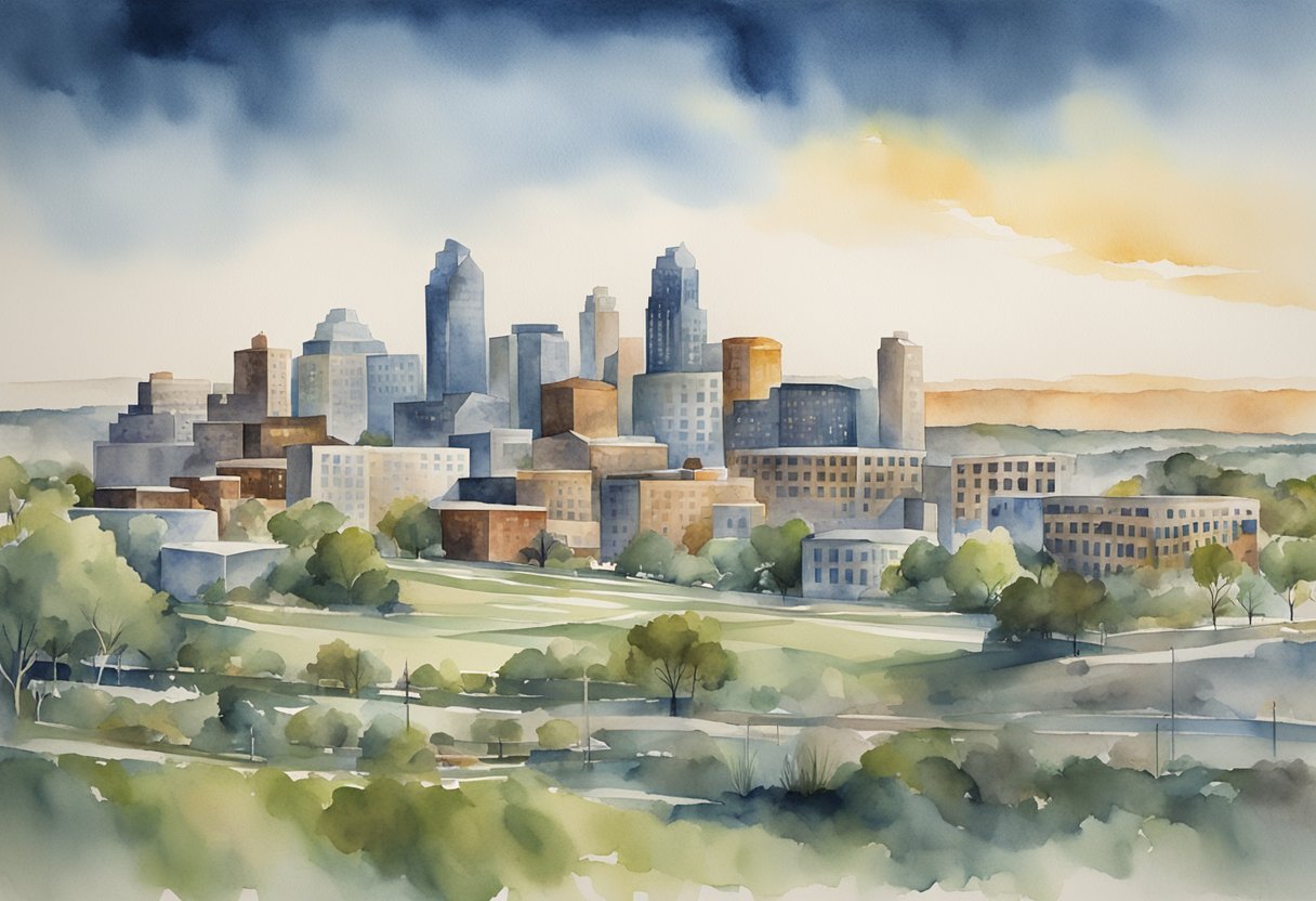 A bustling city skyline with various types of real estate properties, including residential, commercial, and industrial buildings, set against the backdrop of Iowa's picturesque landscape