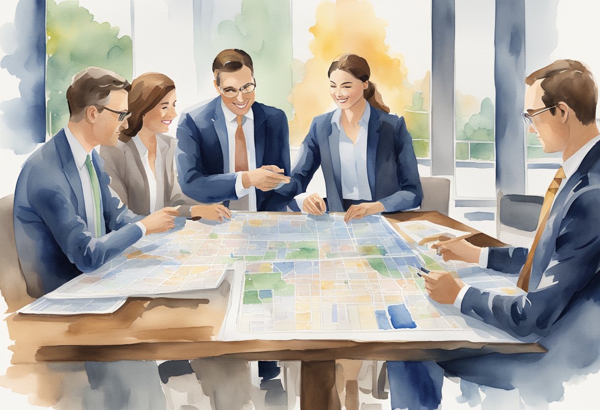 A group of real estate professionals discussing investment opportunities in Iowa. Maps and property listings are spread out on a table