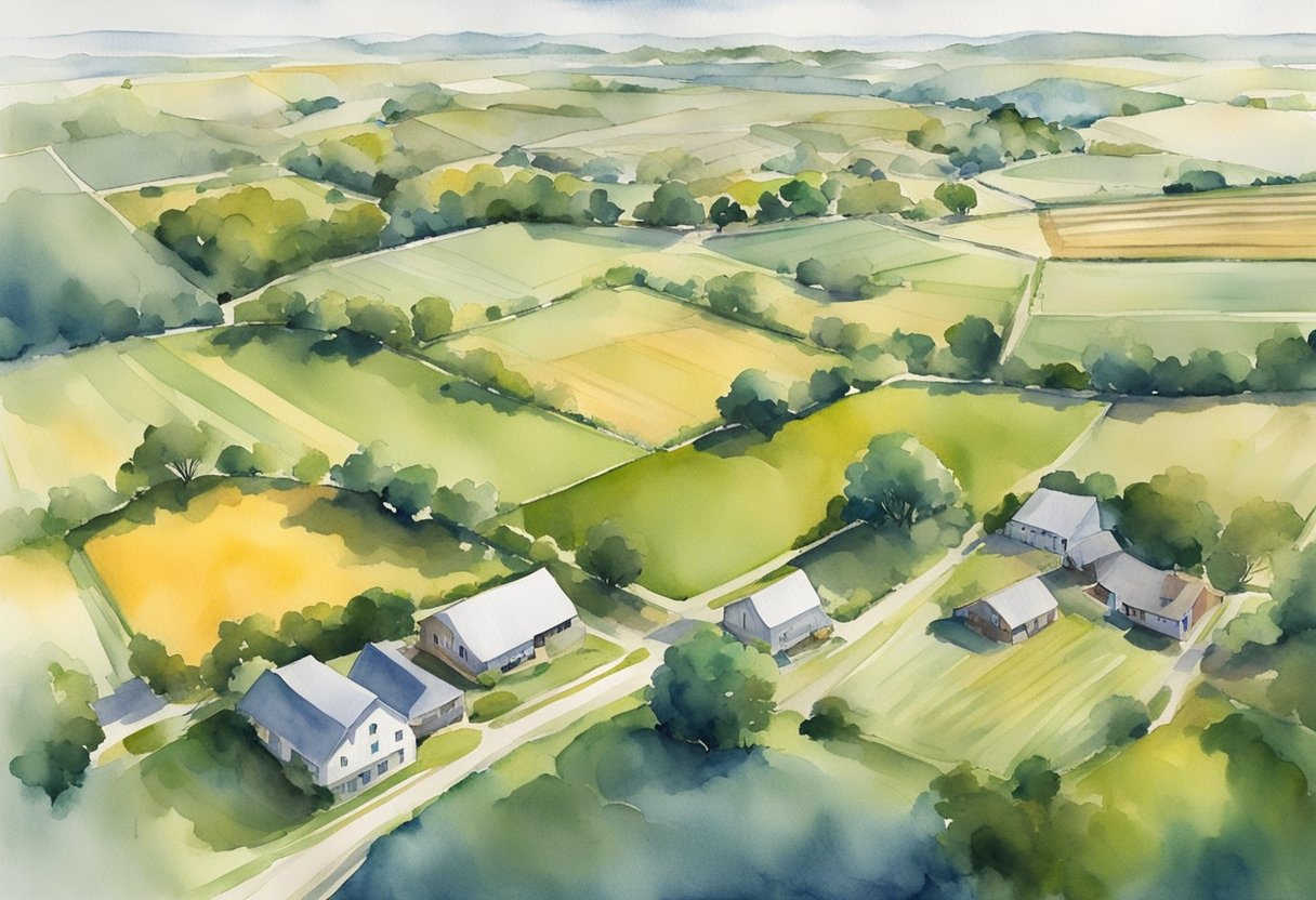 An aerial view of Iowa farmland with a mix of residential and commercial properties, showcasing the potential risks and considerations in real estate investing