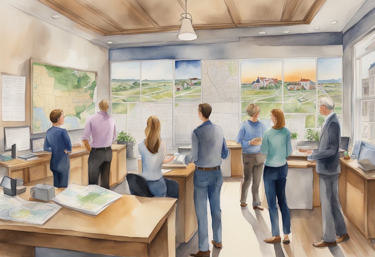 A bustling real estate office in Iowa, with people discussing investments and browsing through property listings. The walls are adorned with maps and charts, and a sign prominently displays "Frequently Asked Questions real estate investing in Iowa"