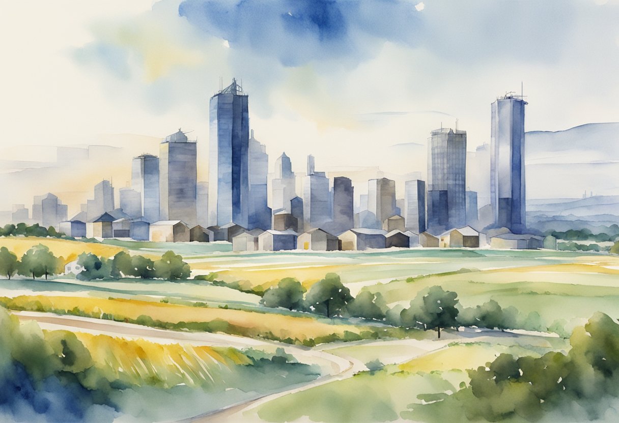 A bustling cityscape with skyscrapers and construction sites, surrounded by open fields and farmland, symbolizing the financial aspects and considerations of real estate investing in Kansas