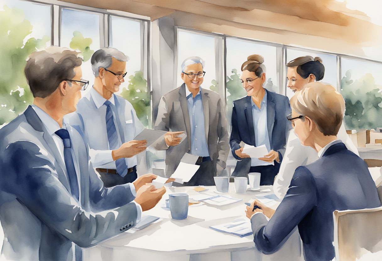 A group of professionals network at a real estate event in Kansas, exchanging business cards and discussing potential partnerships