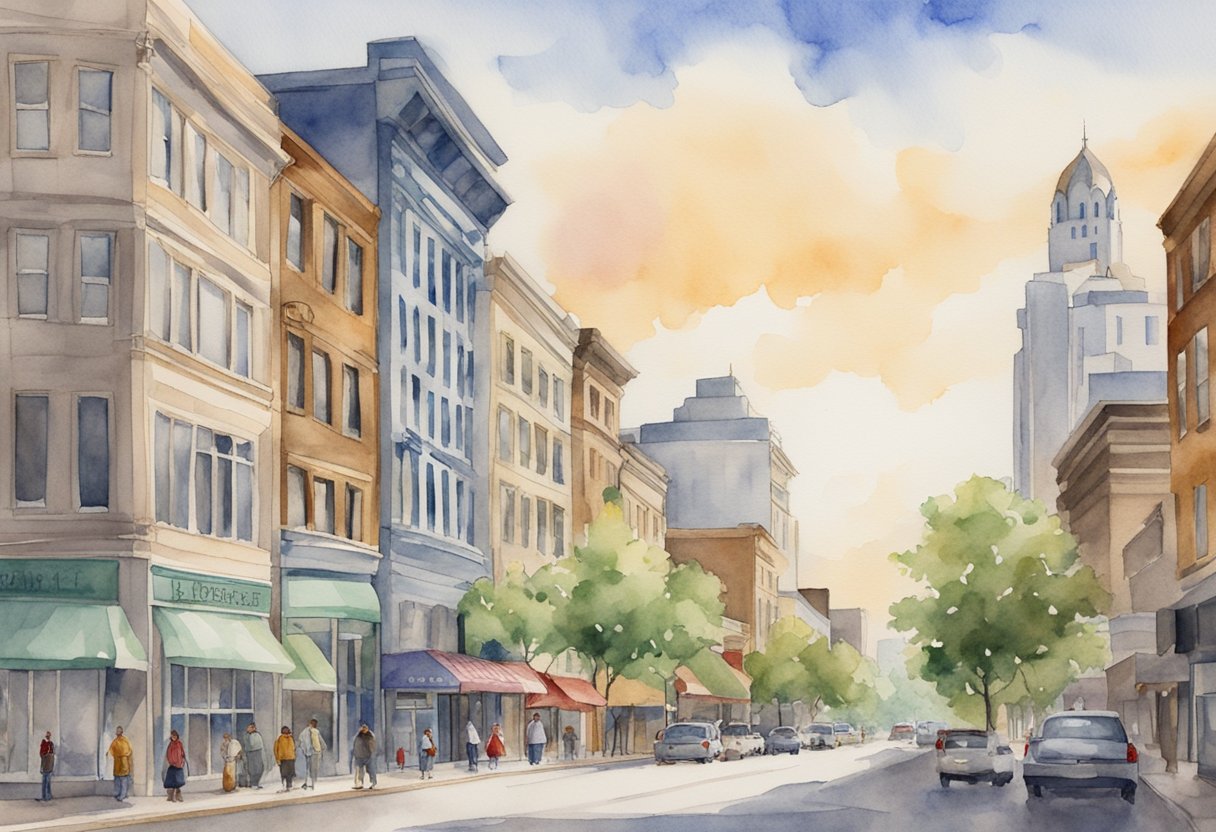 A bustling city street in Kansas with various real estate properties, including apartment buildings, office spaces, and retail storefronts. The skyline is dotted with modern and traditional architectural designs