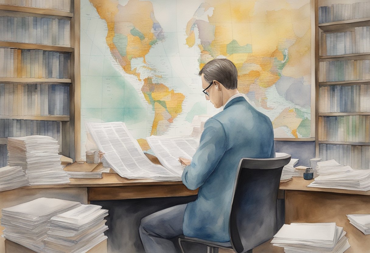 A person researching legal documents in a law office, surrounded by real estate contracts and statutes, with a map of Kansas on the wall