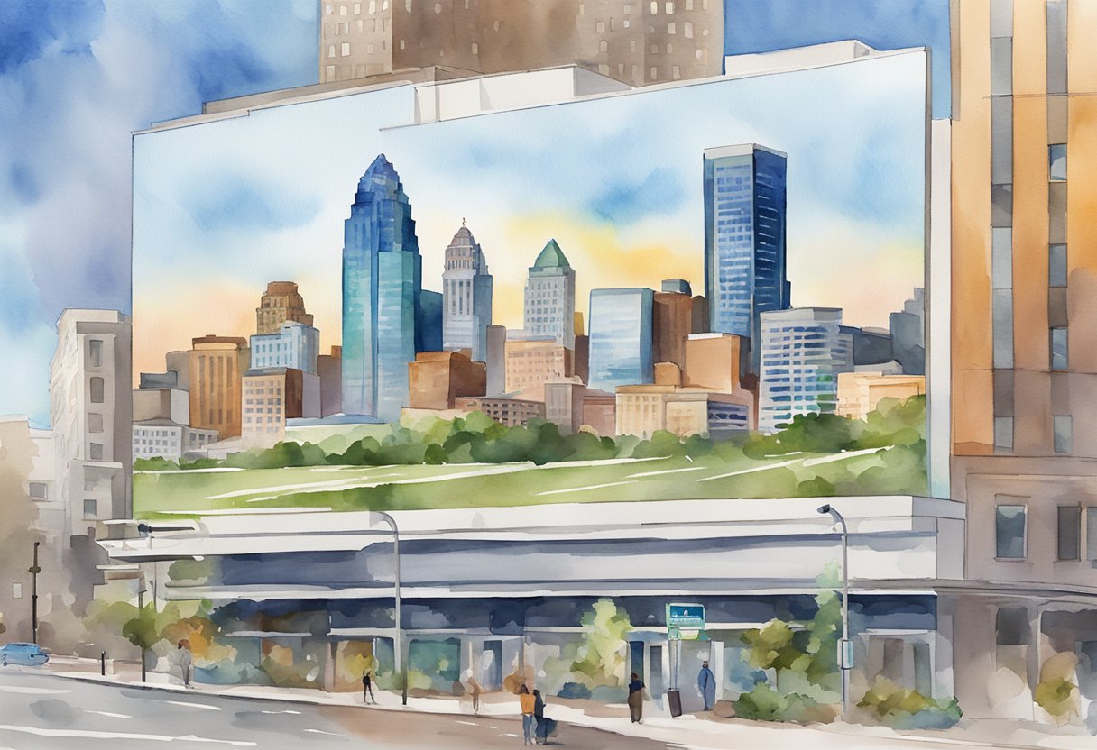 A bustling Kansas city skyline with "Frequently Asked Questions real estate investing in Kansas" displayed on a digital billboard