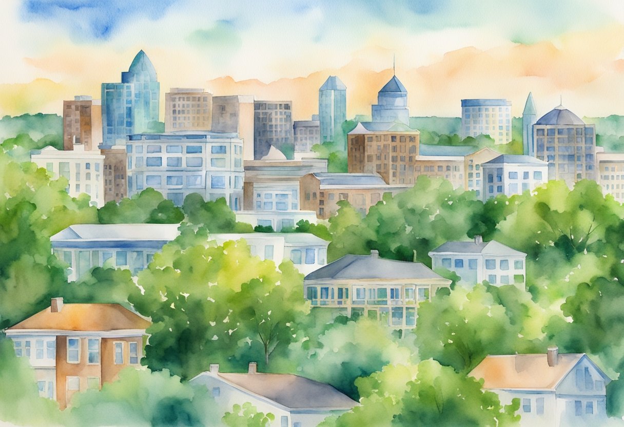 A bustling city skyline with various real estate properties, including residential and commercial buildings, surrounded by lush green landscapes in Kentucky
