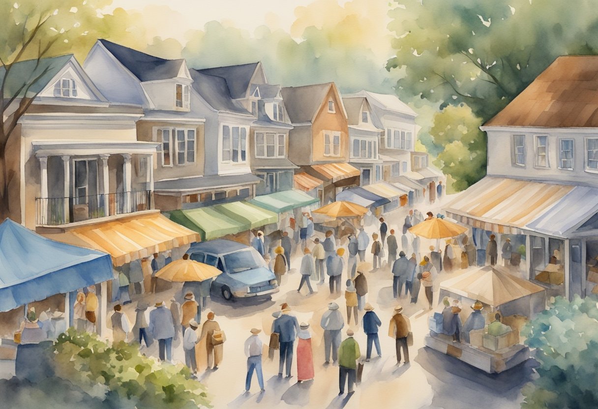 A bustling real estate market in Kentucky, with agents negotiating deals and investors acquiring properties for investment