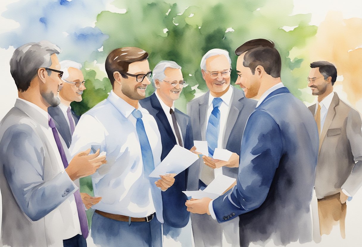A group of real estate investors networking in Kentucky, exchanging business cards and discussing potential investment opportunities