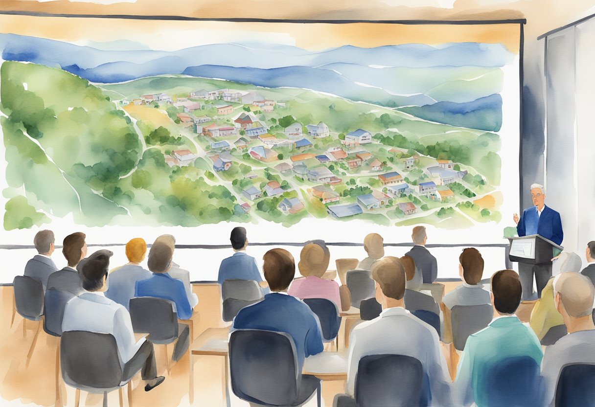 A bustling real estate seminar with eager investors, a Kentucky map, and a list of FAQs on a big screen