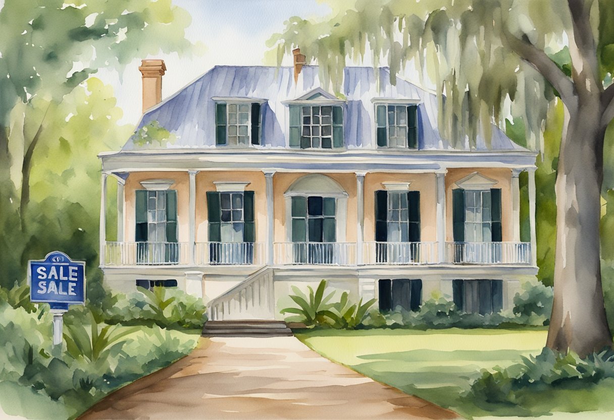 A historic plantation house in Louisiana with a "For Sale" sign out front, surrounded by lush greenery and a bayou in the background