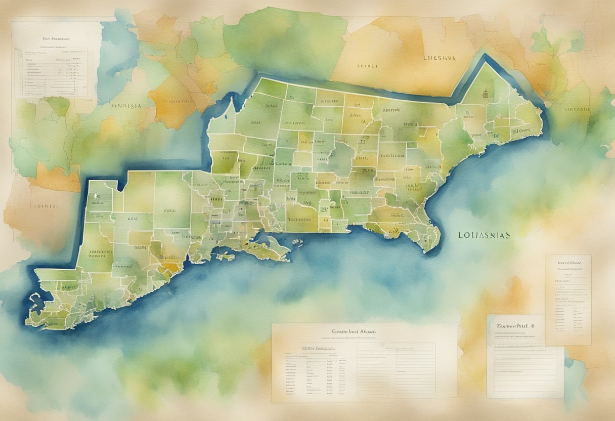 A Louisiana map with real estate properties highlighted, alongside tax forms and financial documents