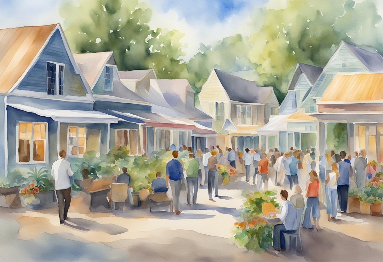 A bustling Louisiana real estate market, with investors networking and discussing deals in a vibrant, diverse setting