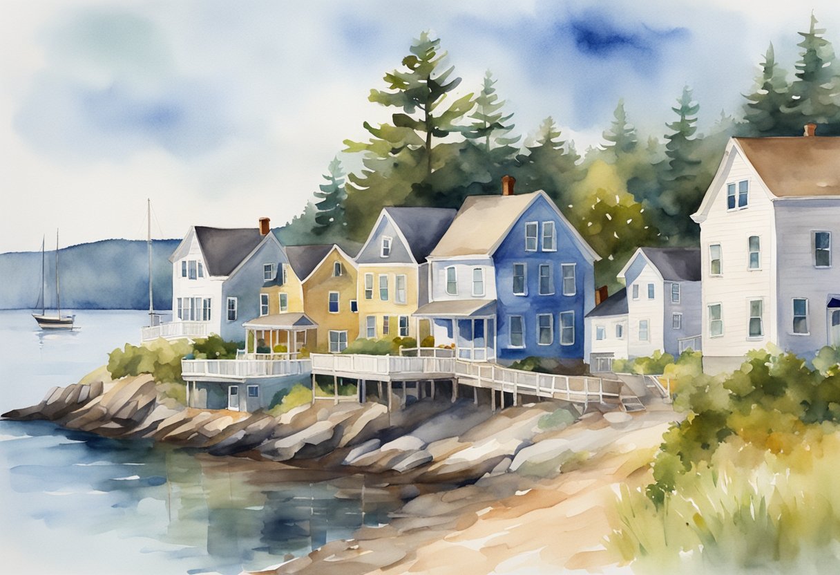 A quaint coastal town in Maine, with charming old houses and waterfront properties. A real estate sign stands out in front of a historic building