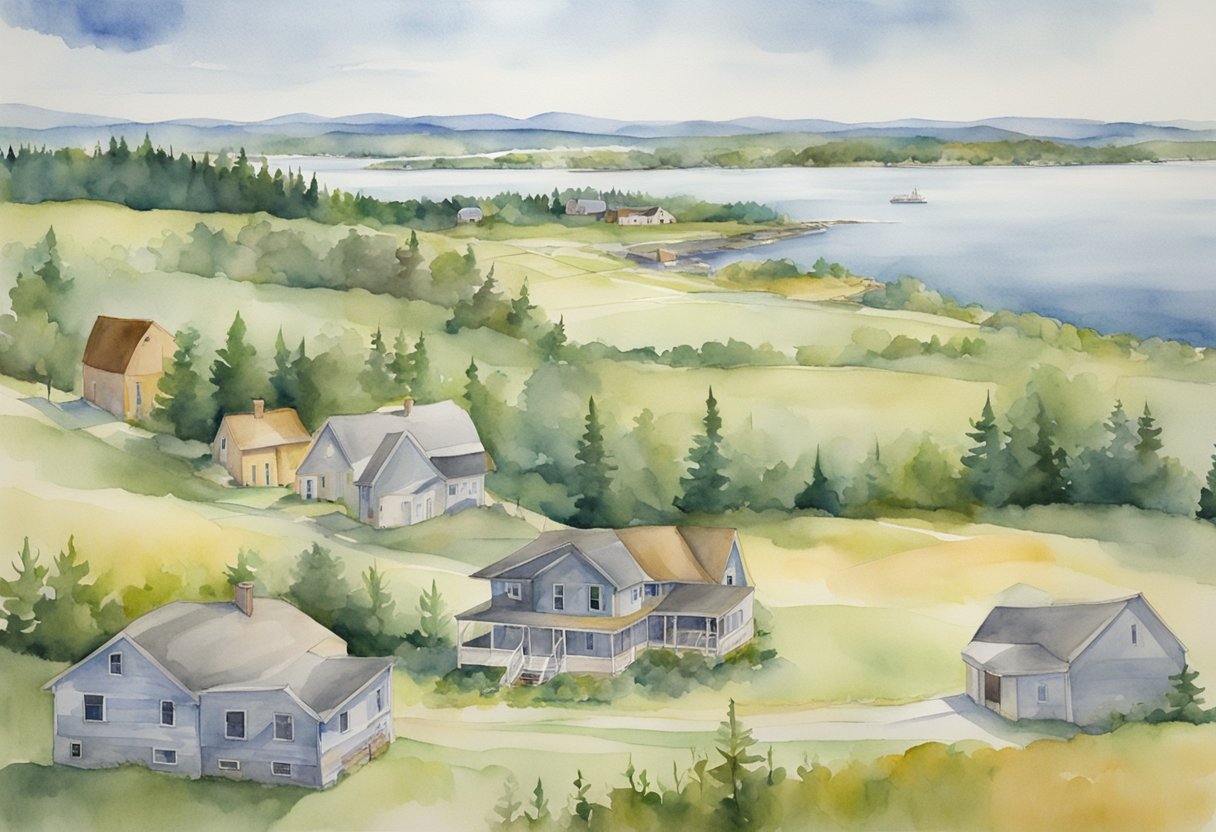 A sprawling landscape in Maine showcases various real estate investments, including residential homes, commercial properties, and vacant land awaiting development